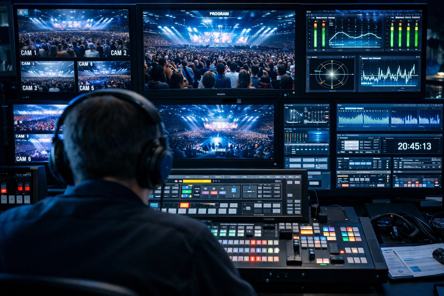 Monitoring live media feeds in a control room to ensure event excellence and high-quality production.