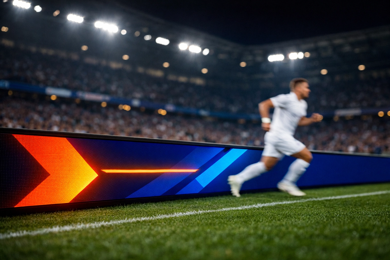 LED perimeter board at a soccer stadium showcasing high-visibility advertising during a match.