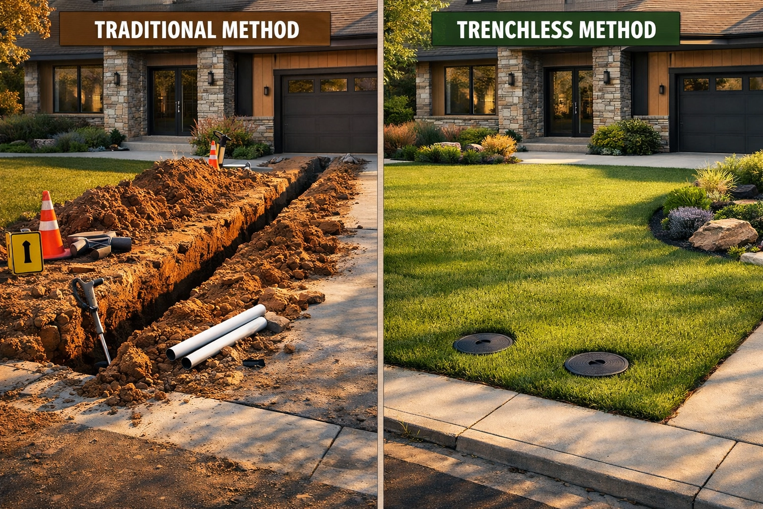 Comparison of traditional sewer excavation versus trenchless repair showing property impact in Denver.