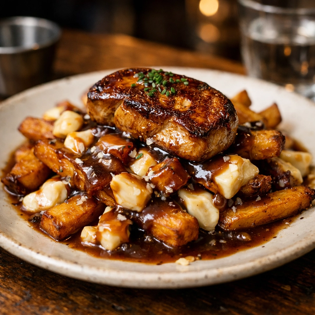 Famous decadent foie gras poutine at Au Pied de Cochon restaurant in Montreal.