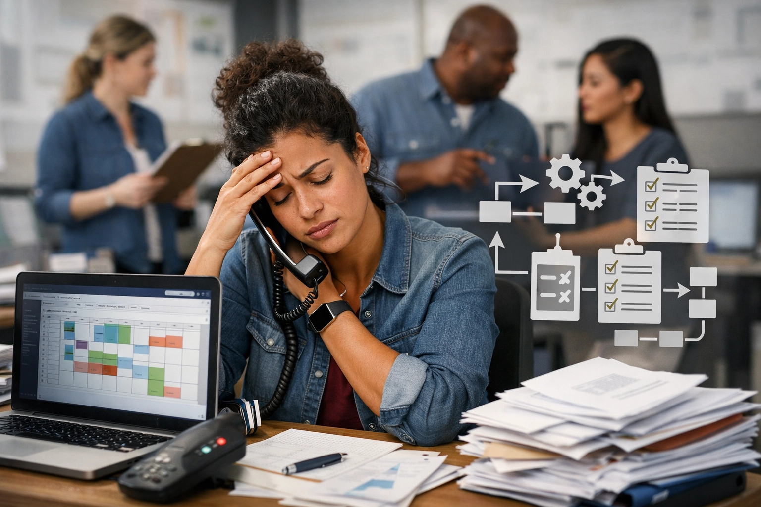 Overwhelmed service business owner managing multiple tasks showing why businesses can't scale without systems