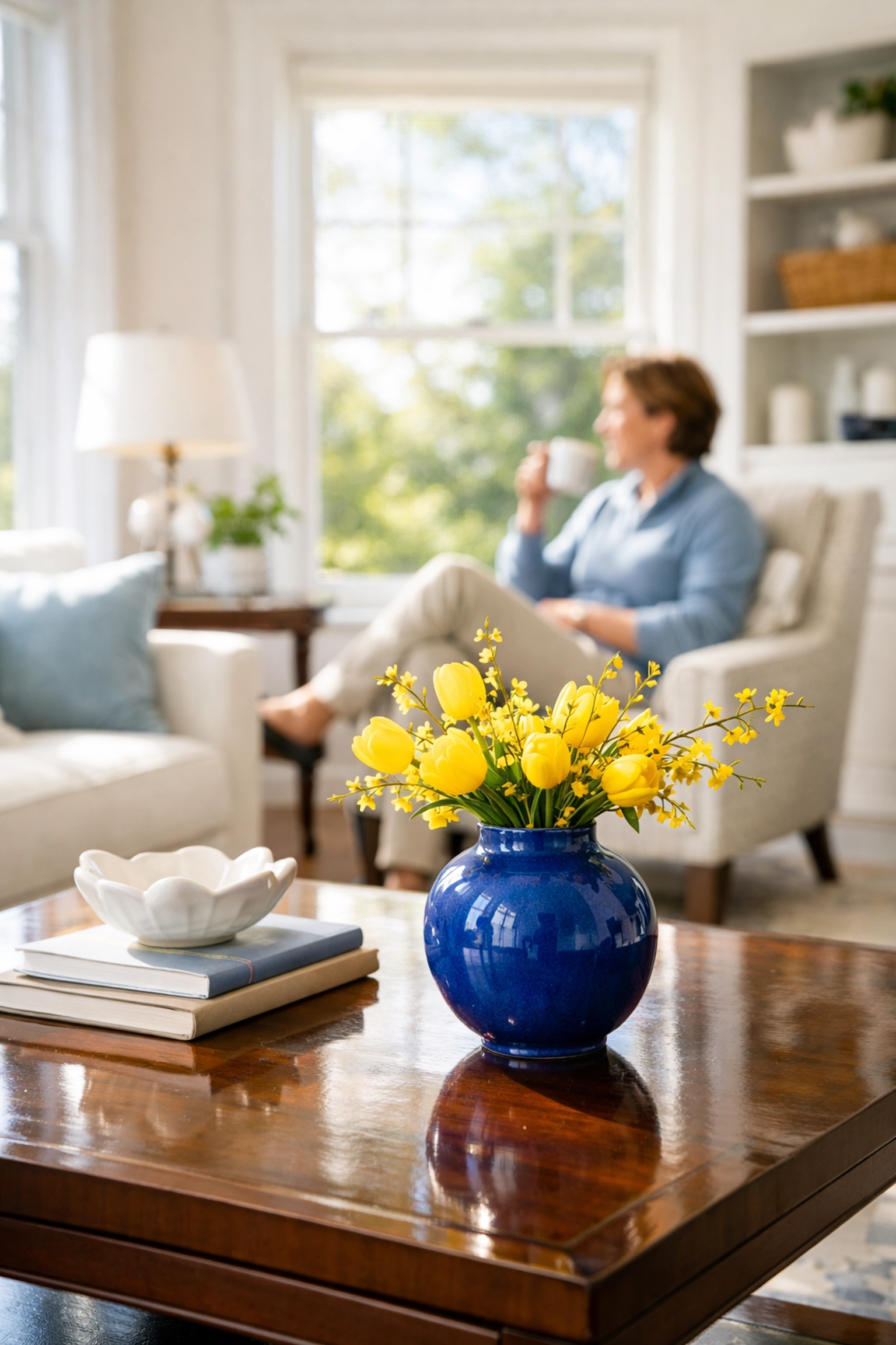 A homeowner relaxing in a clean living room after hiring house cleaning Shirley MA services to save time.