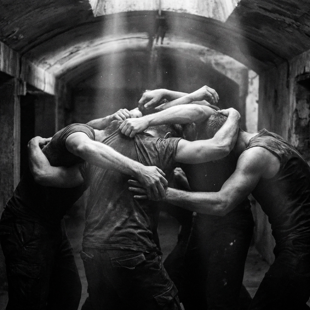 A raw, artistic shot of intertwined male bodies capturing the intensity of a group encounter in gay nightlife.
