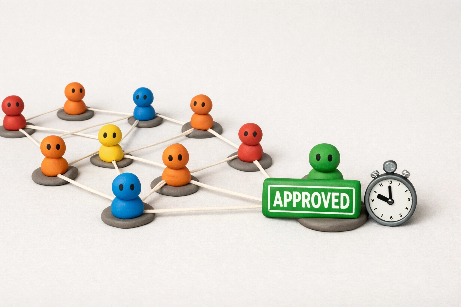 Claymation: a network of clay people connected by strings; an edge node holds an 'APPROVED' stamp and a tiny stopwatch.