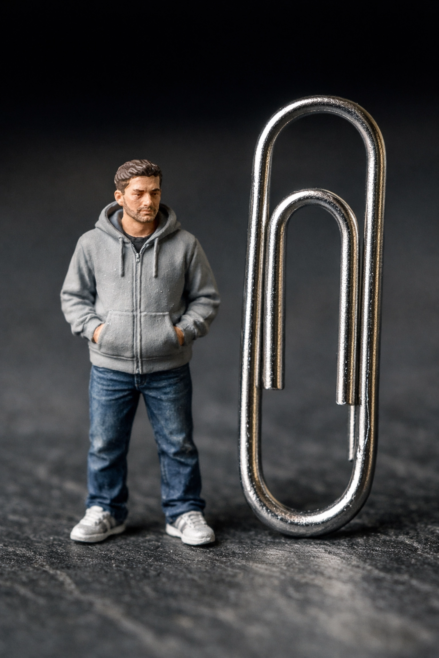 A 1:64 scale resin figure standing next to a paperclip to demonstrate the tiny size and high detail.