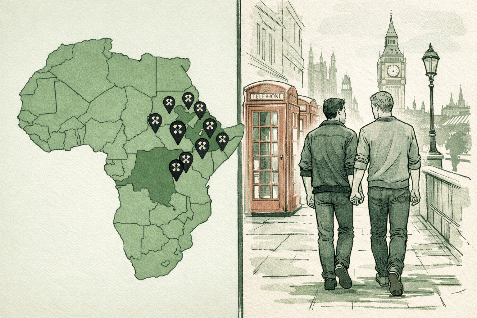 Map showing countries criminalizing homosexuality and gay couple finding safety in London