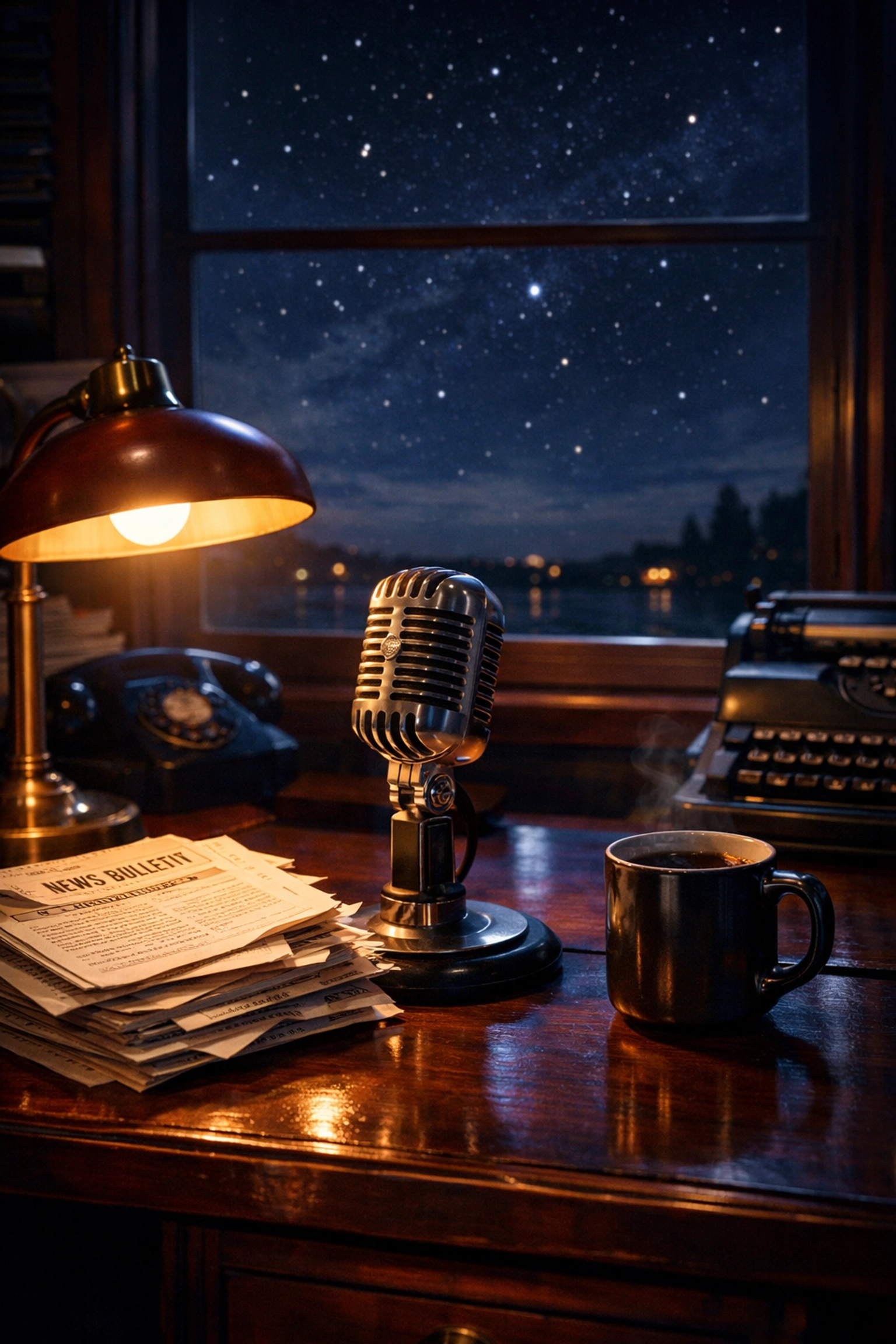 Vintage newsroom desk at night with microphone and lamp representing calm, trustworthy news reporting