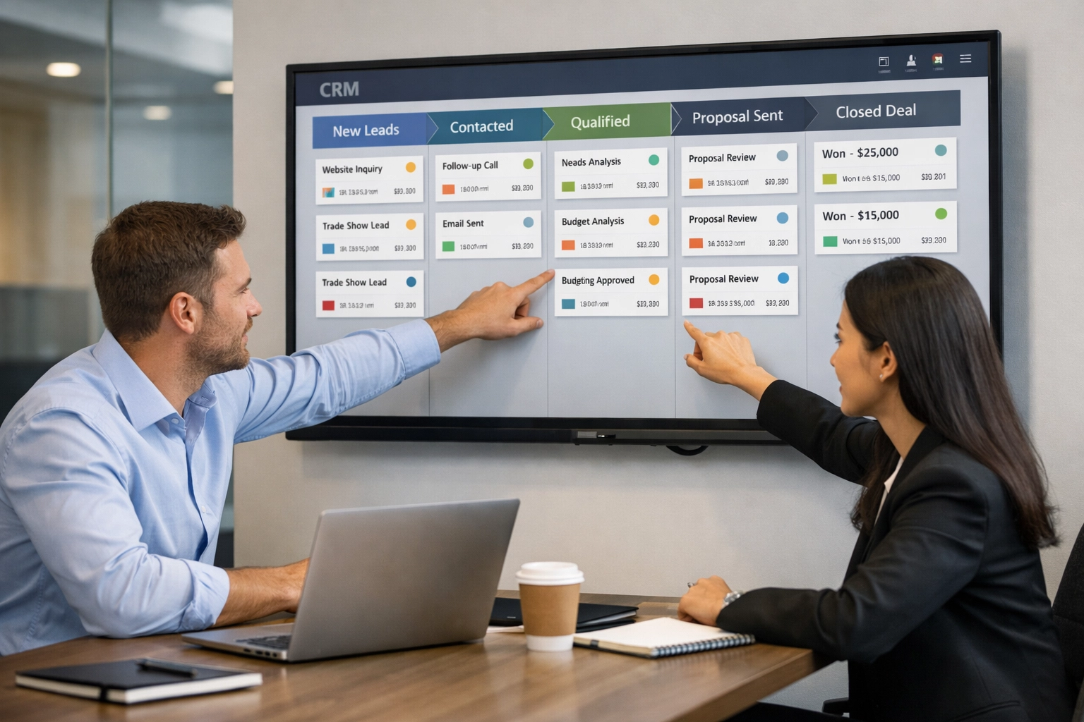 Two colleagues reviewing a CRM pipeline on a large screen in a modern office.