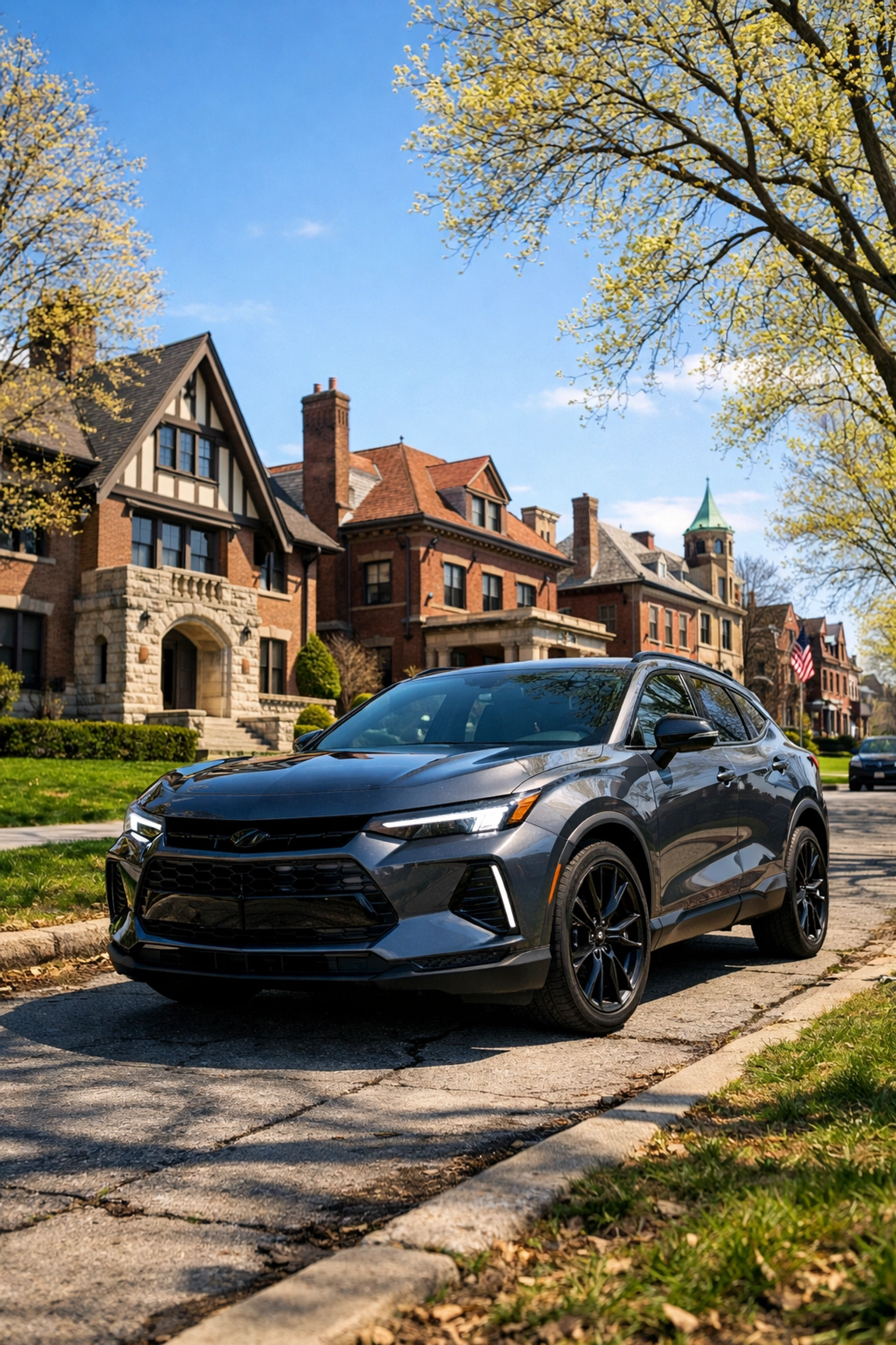 Modern car parked in a historic Detroit neighborhood highlighting the need for local auto insurance.
