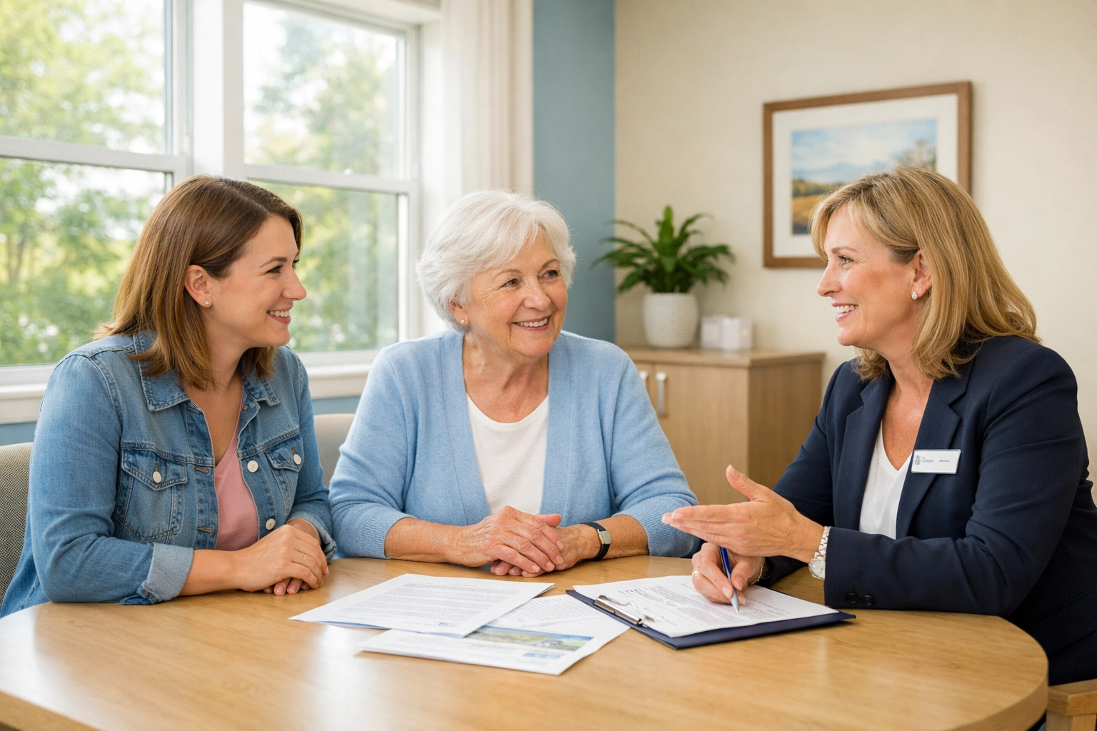 Family consulting about memory care options in Sarasota with senior living advisor