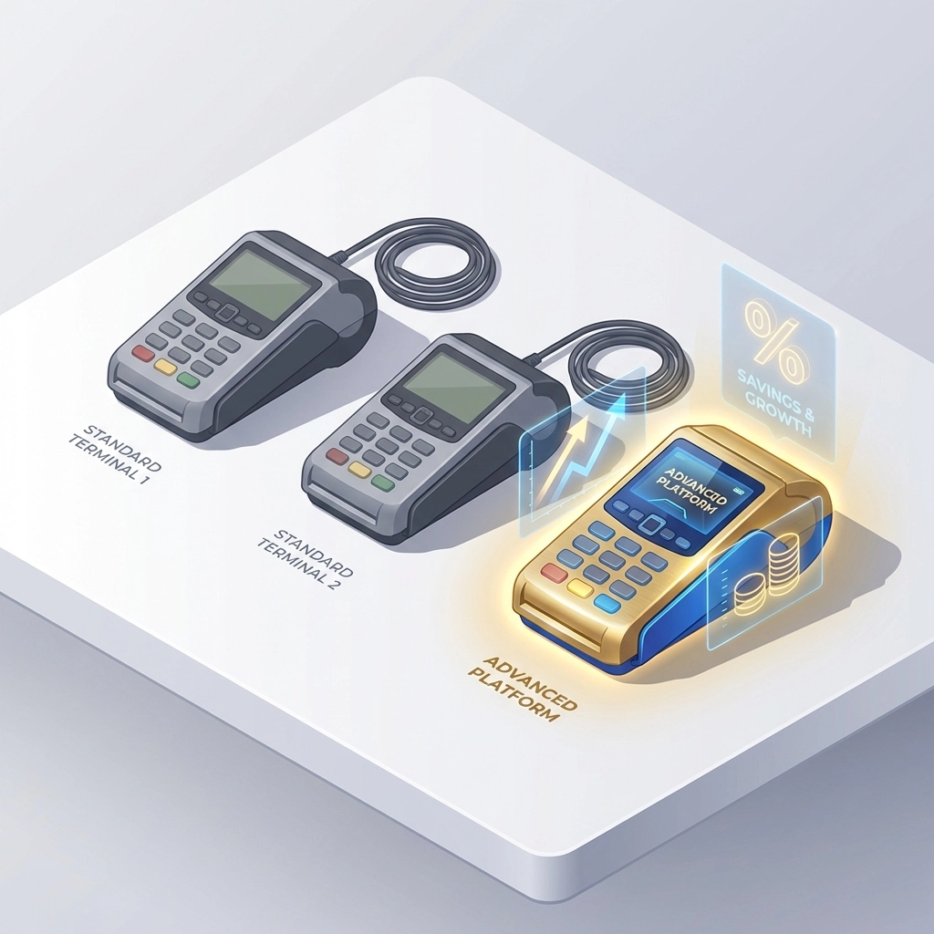 Comparison of three crypto POS terminals highlighting Larecoin savings and advanced integration for small business.
