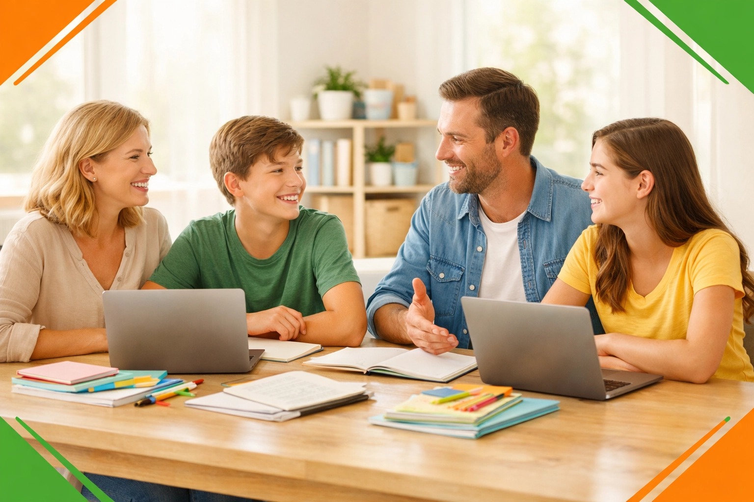 Homeschool family learning together at table with parents and children collaborating