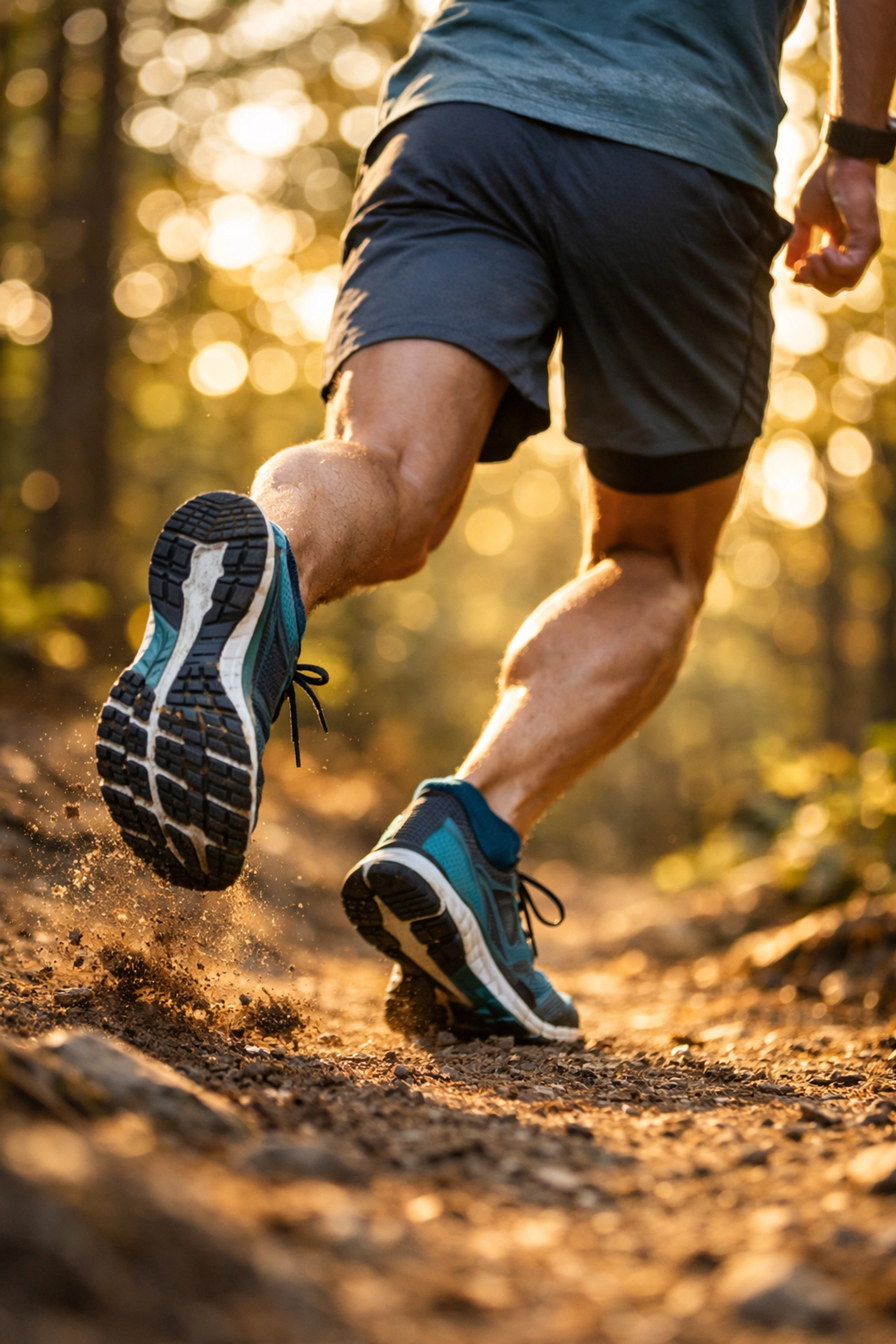 Runner demonstrating proper running form on forest trail during marathon training