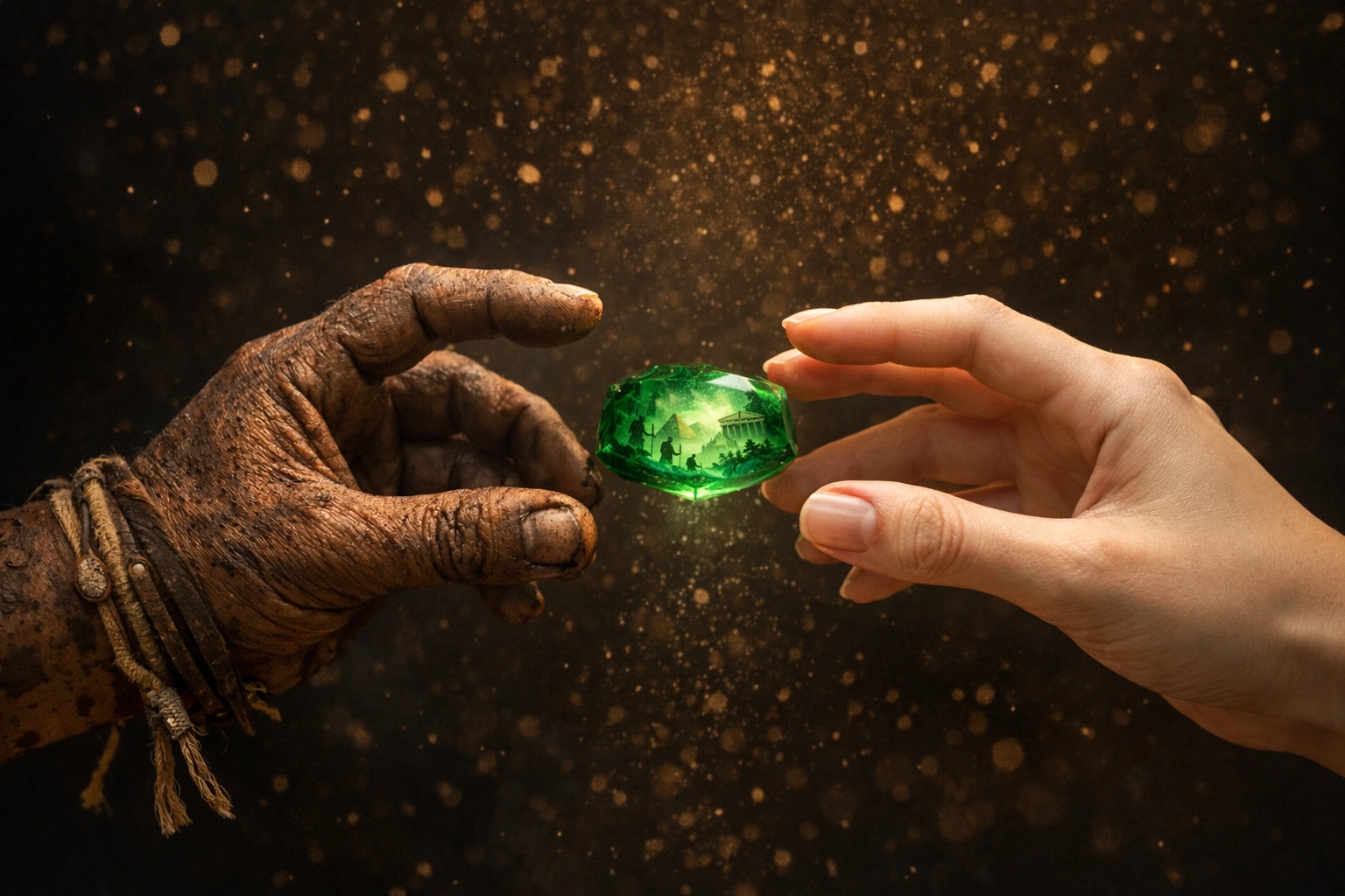 A glowing emerald gemstone held by hands from different eras, representing the deep history of precious stones.