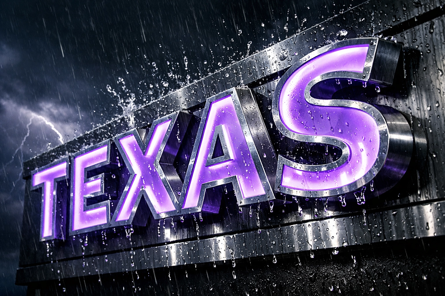 A durable, rust-resistant custom LED sign glowing brightly during a heavy North Texas rainstorm.