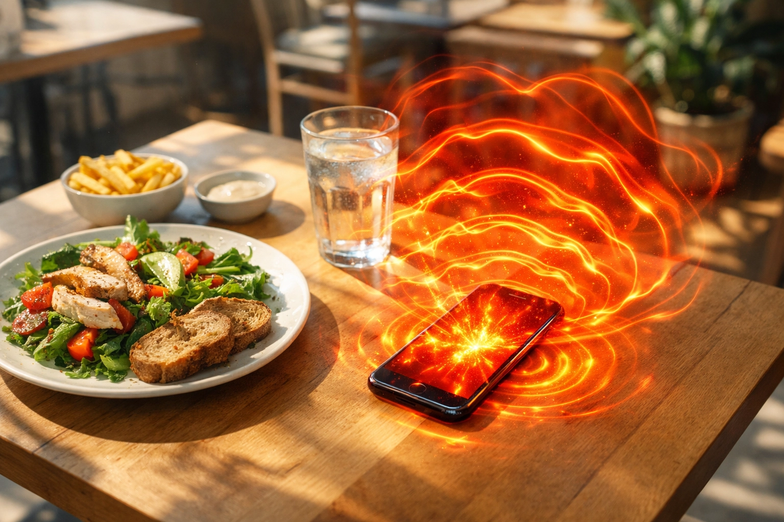 A smartphone on a cafe table emitting red heat energy, symbolizing news headline sensory overload and emotional bias.