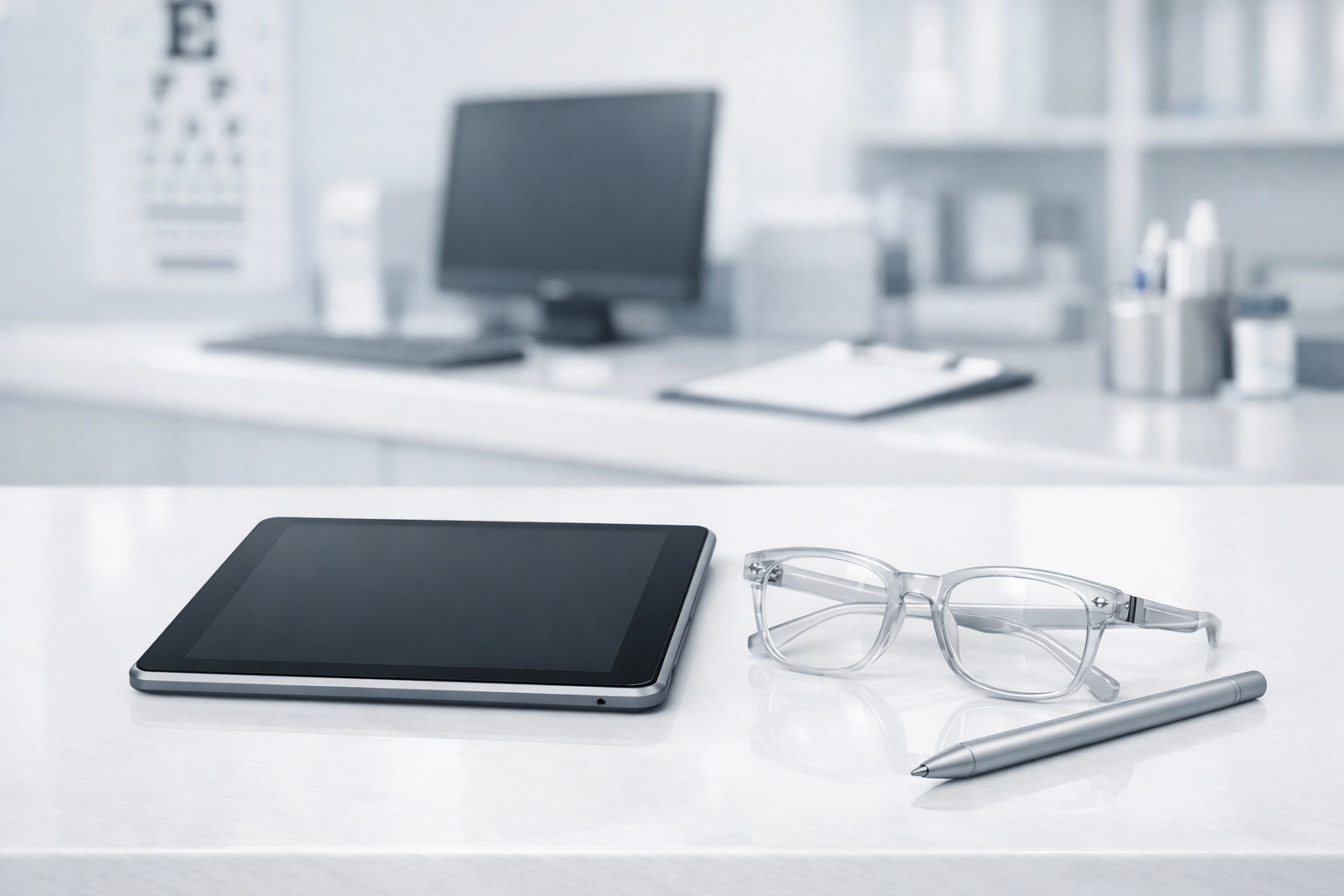 Modern tablet and eyewear in an optometry office representing efficient vision insurance billing and eligibility verification.