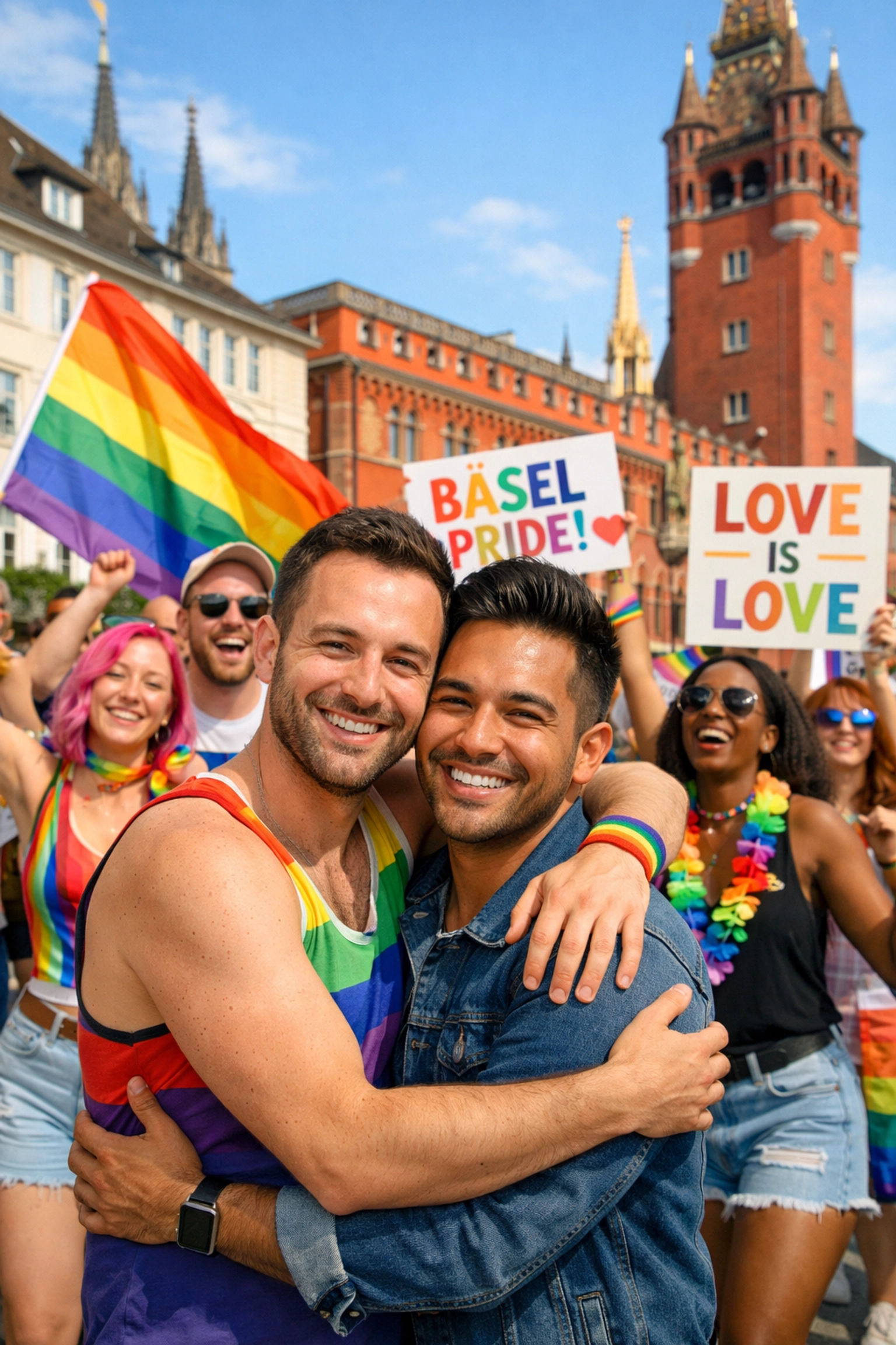 LGBTQ+ community celebrating at Basel Pride with gay couple embracing