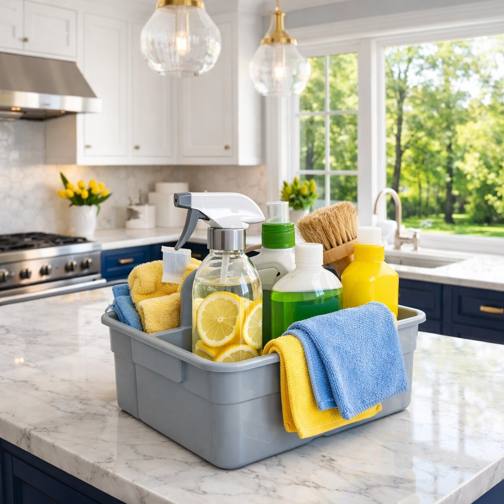 Eco-friendly cleaning supplies from Professional Cleaners in Lexington in a bright modern kitchen.