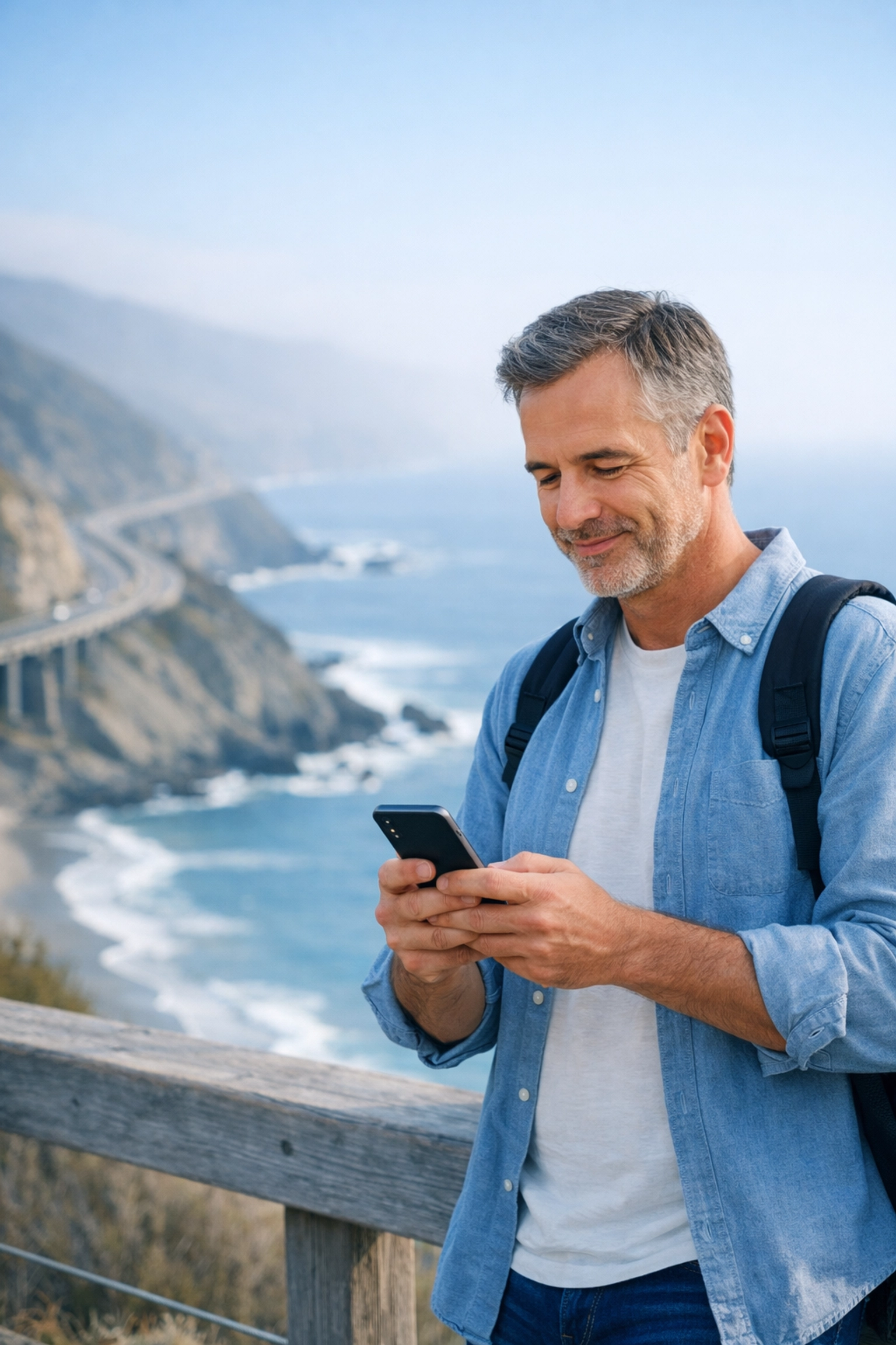 Man checking health plan travel coverage on smartphone at California coast