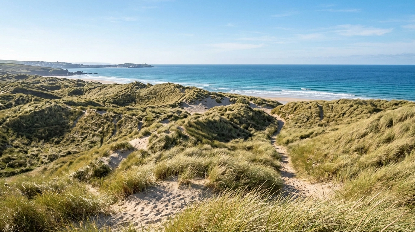 Detailed view of the rolling sand dunes at Gwithian Towans with marram grass