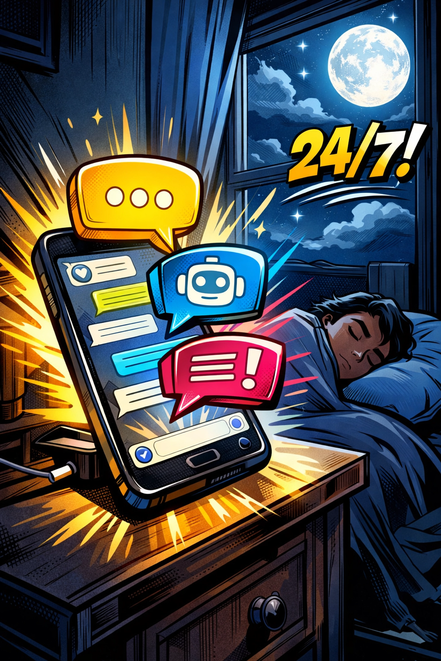 AI chatbot engaging website visitors 24/7 while owner sleeps at night