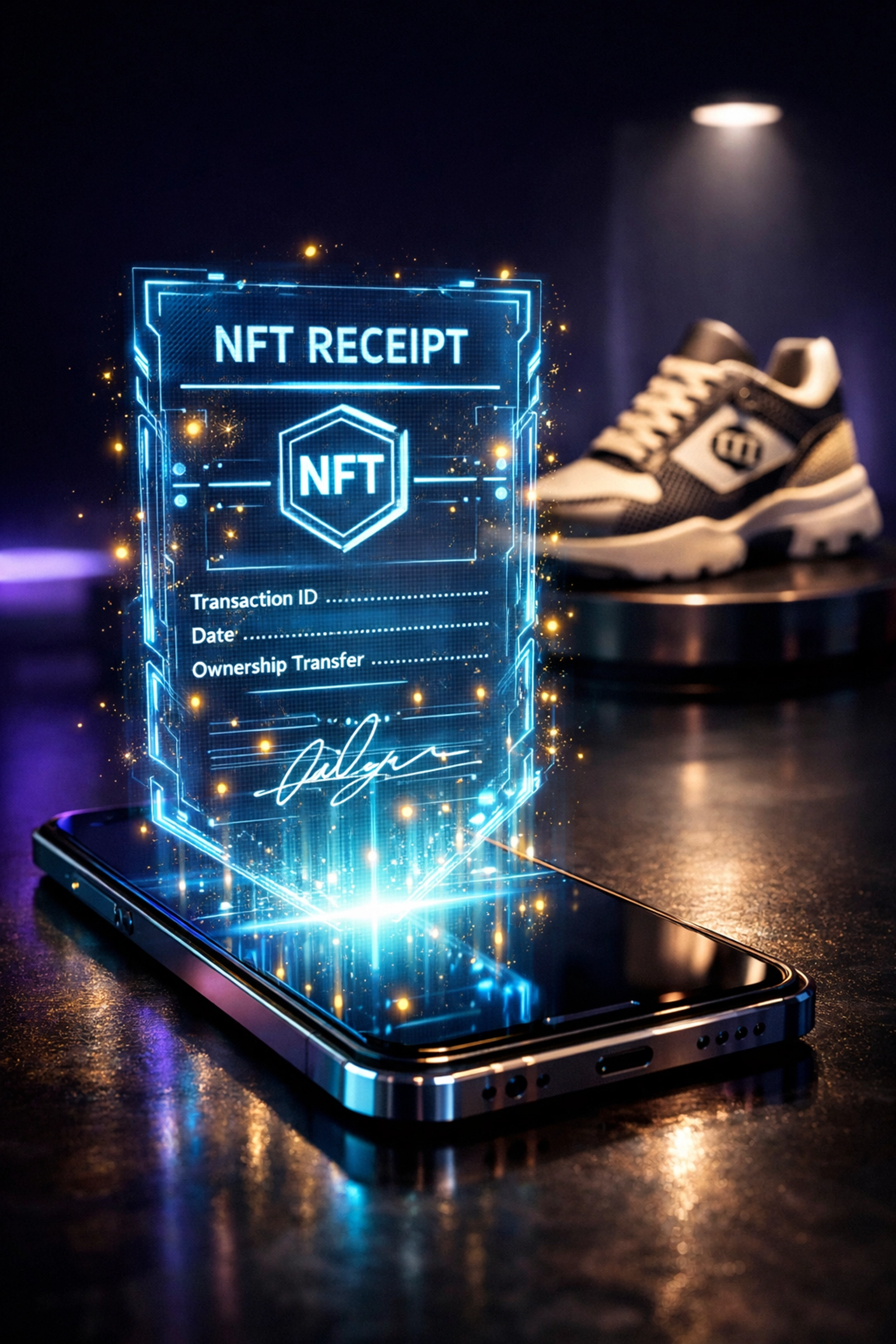 A smartphone displaying a secure holographic NFT receipt for a luxury sneaker purchase via Larecoin Web3 payments.