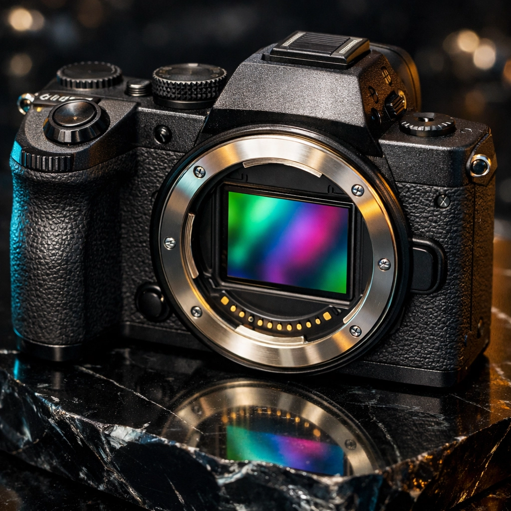 A high-tech mirrorless camera body showing the large CMOS sensor, representing 2026 camera technology.