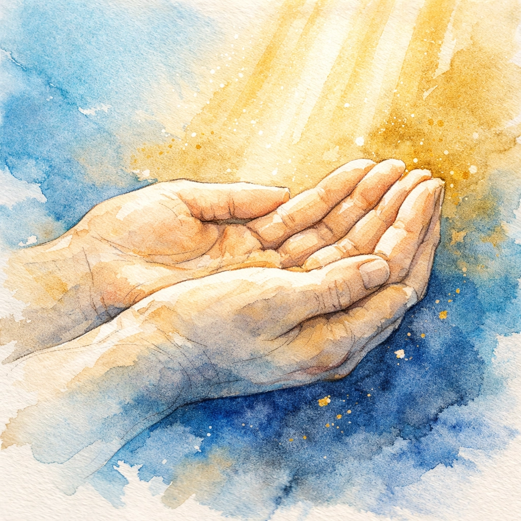 Hands folded in prayer during Sunday morning worship and reflection