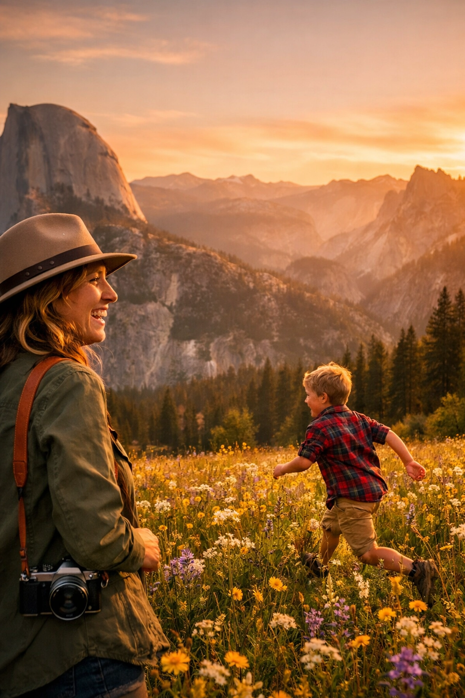 A mother photographing her son in a field of wildflowers at a National Park during golden hour.