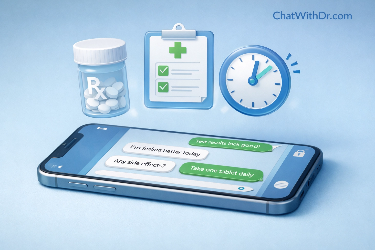 Online urgent care smartphone showing text-based medical consultation with prescription and fast response