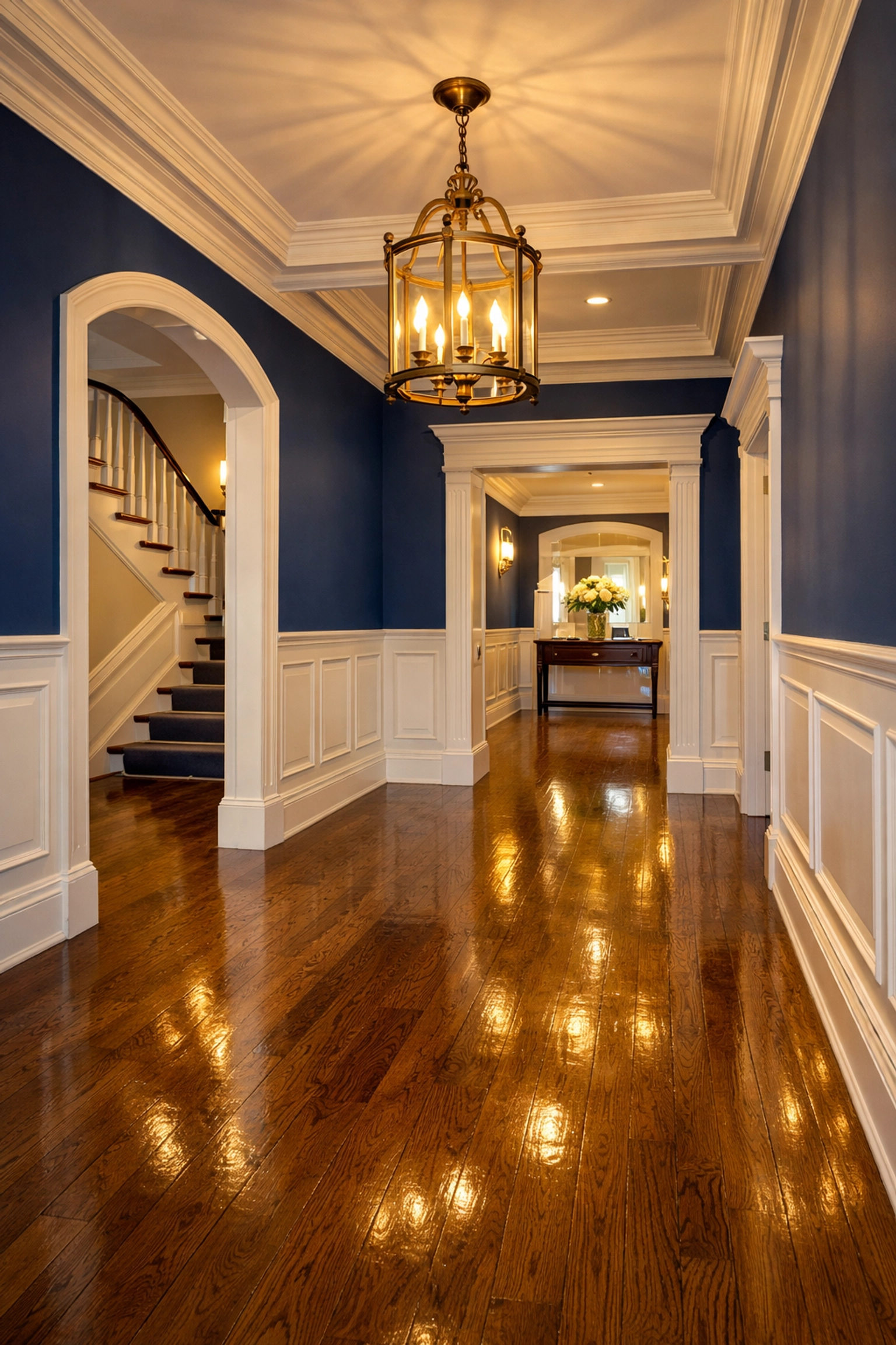 Immaculate Medfield estate hallway with hand-wiped baseboards and polished hardwood floors from deep cleaning.