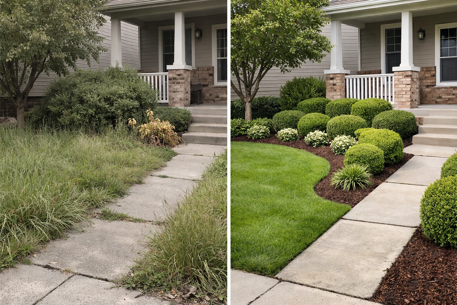 Before and after photos of residential yard landscaping transformation