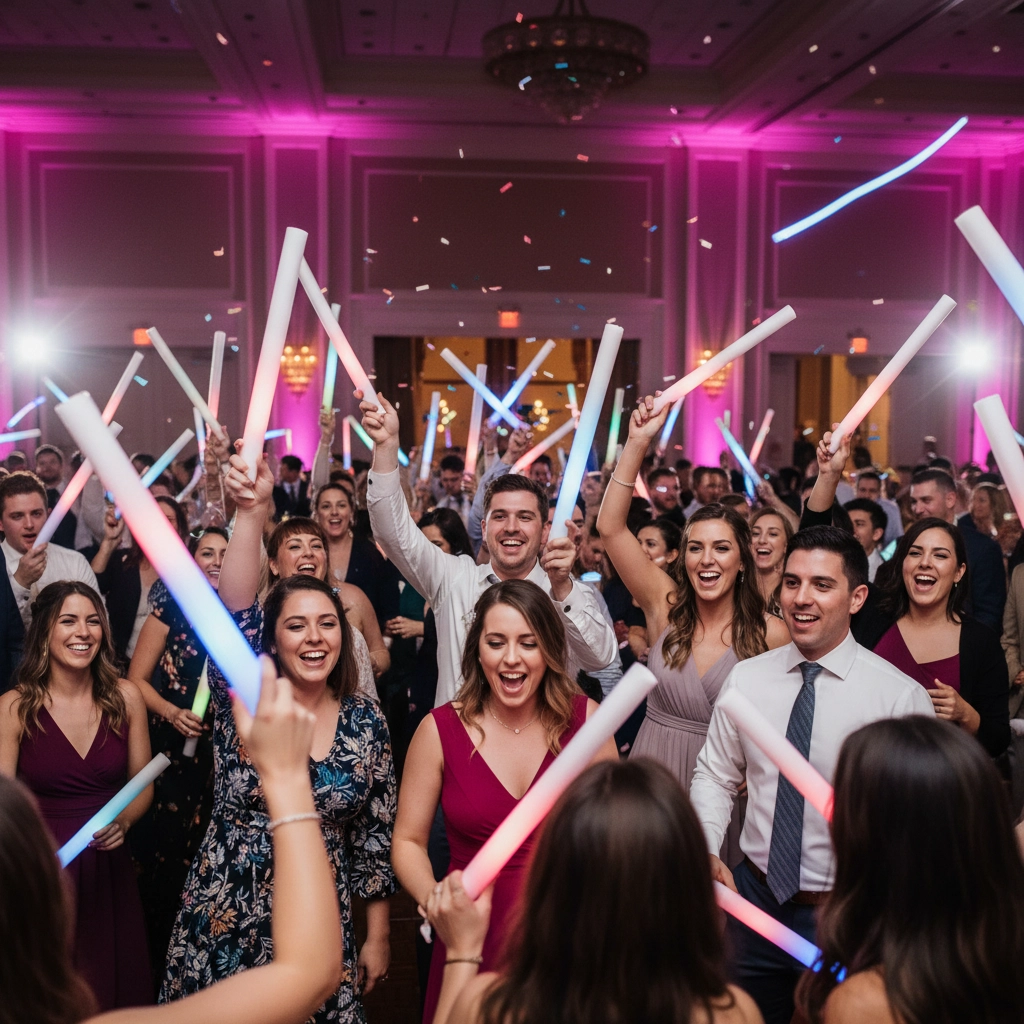 A joyful crowd waves colorful light sticks at a party with pink lighting. Confetti falls as everyone smiles, creating a festive atmosphere.