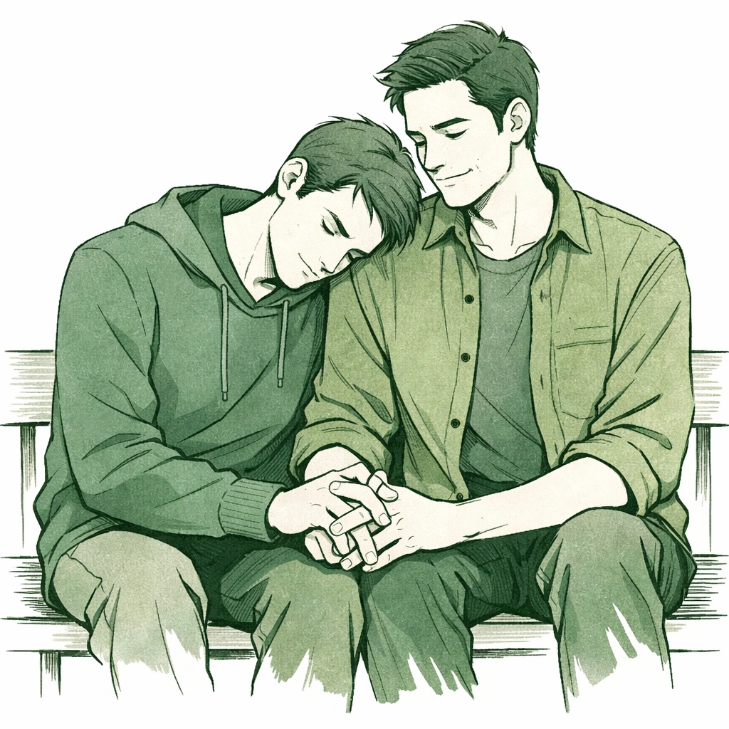 Gay couple sharing a moment of hurt and comfort in a minimalist MM romance illustration.
