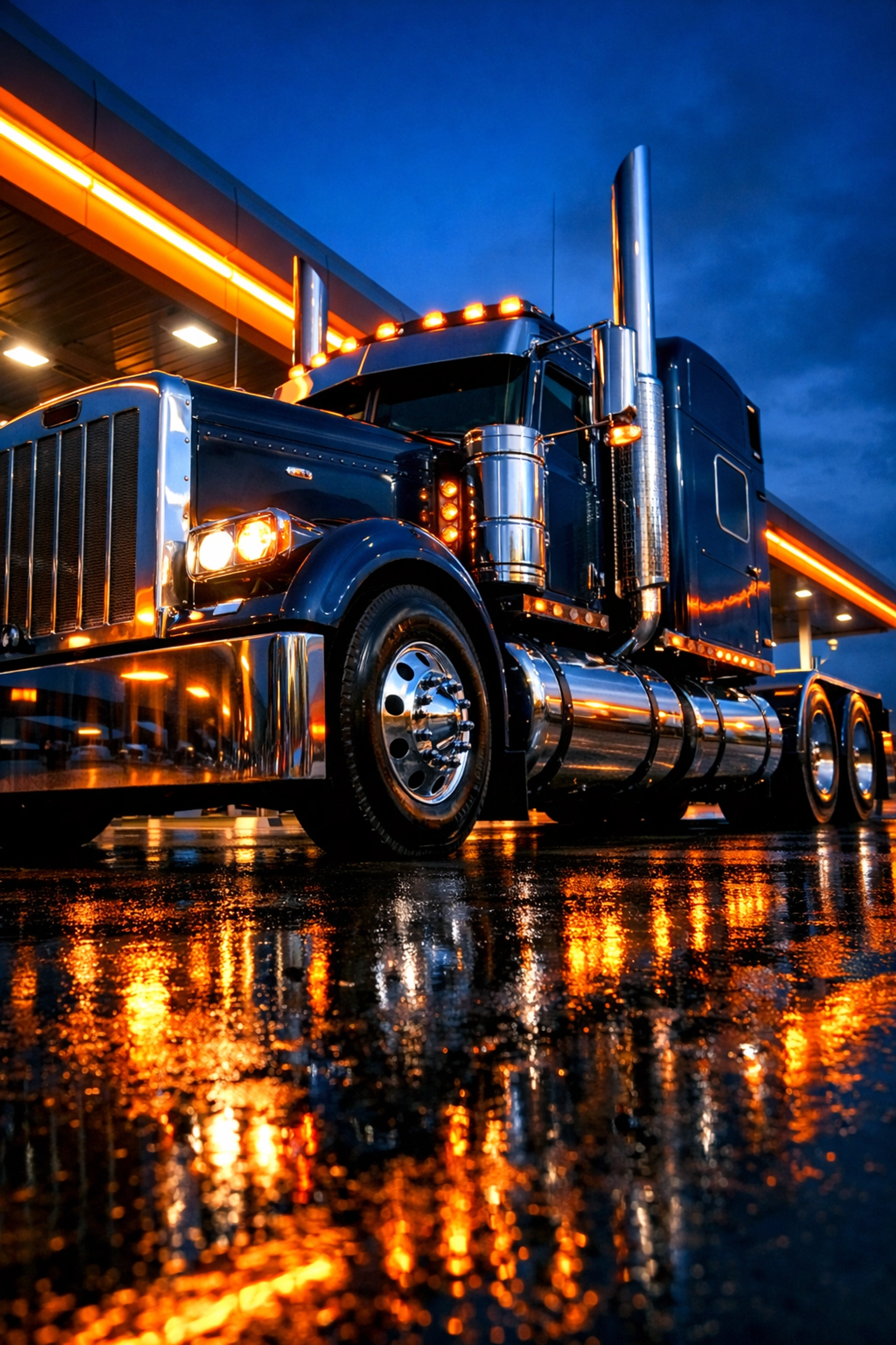 A semi-truck at a rest stop, representing the impact of rising fuel surcharges on consumer goods.