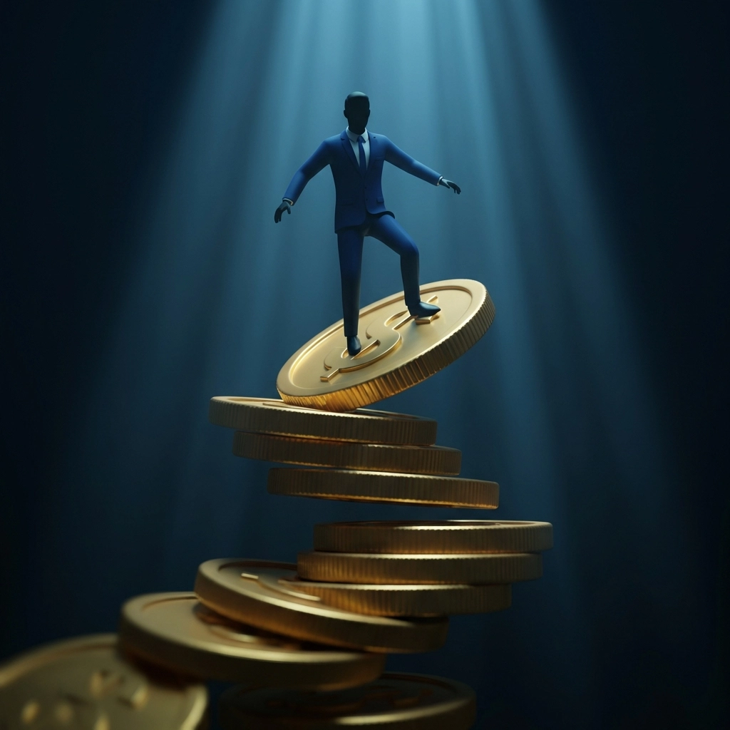Businessman balancing on a tall stack of gold coins, illustrating concentrated risk in company stock for investors.
