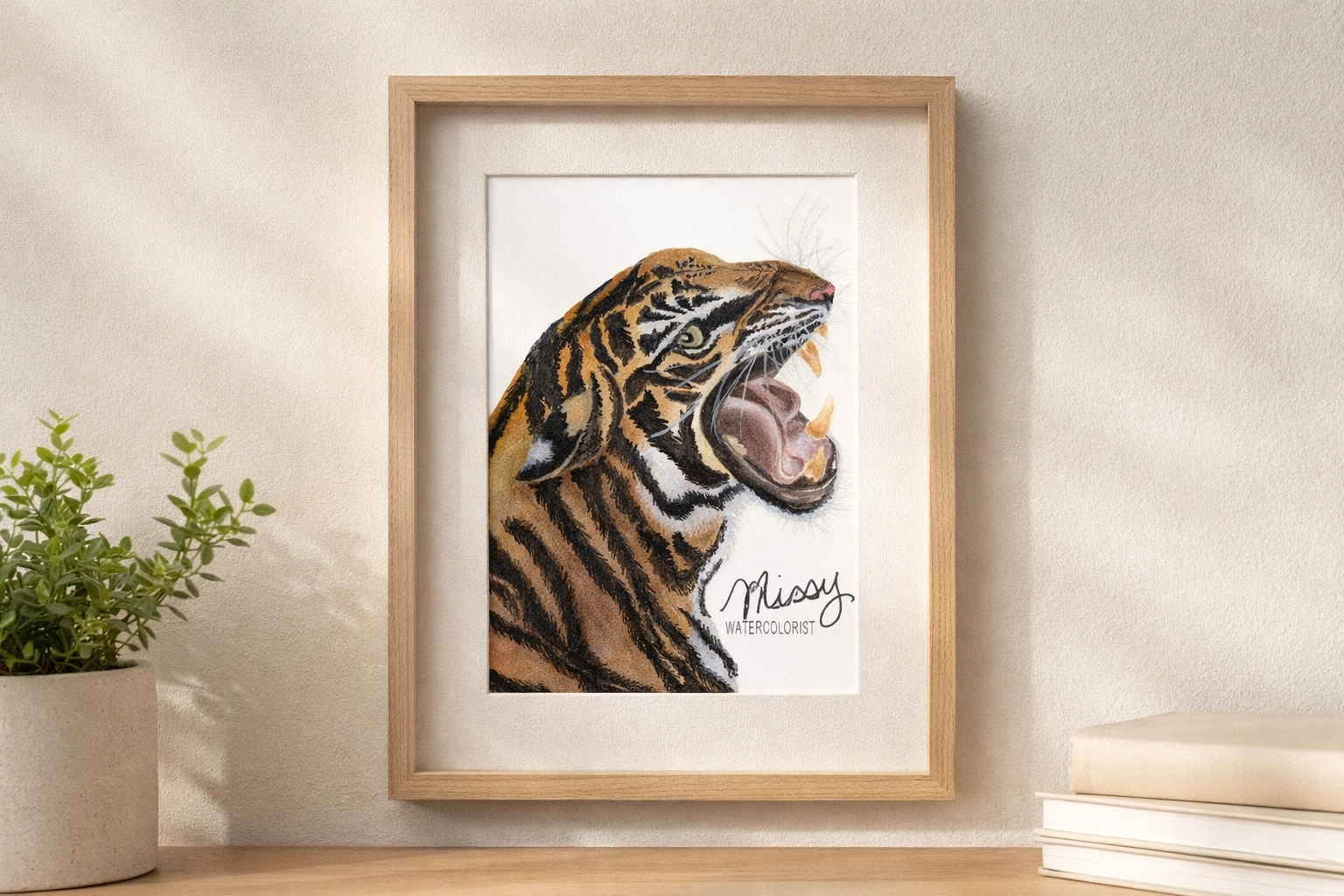 Missy’s original, hand-signed Roaring Tiger watercolor print from the Monthly Animal Print Club