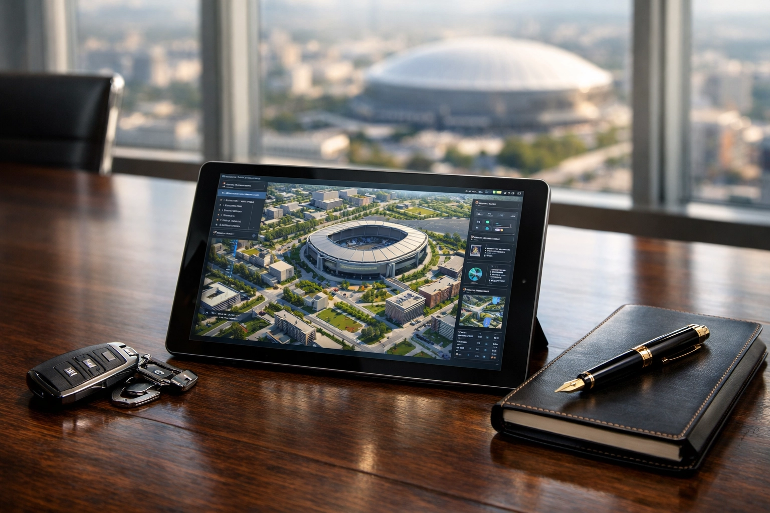 Corporate executive logistics planning with stadium map and luxury travel accessories in a boardroom.