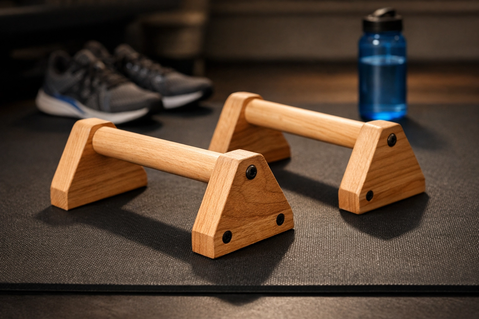 Wooden parallettes on exercise mat in home gym setup