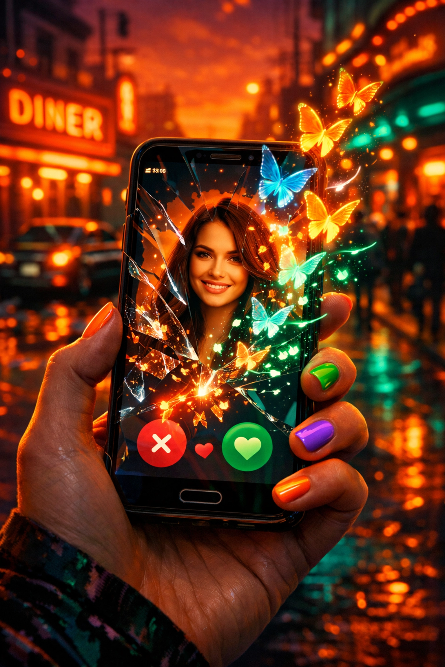 Hand holding a smartphone that dissolves into glowing butterflies, symbolizing the shift from dating apps to real life.