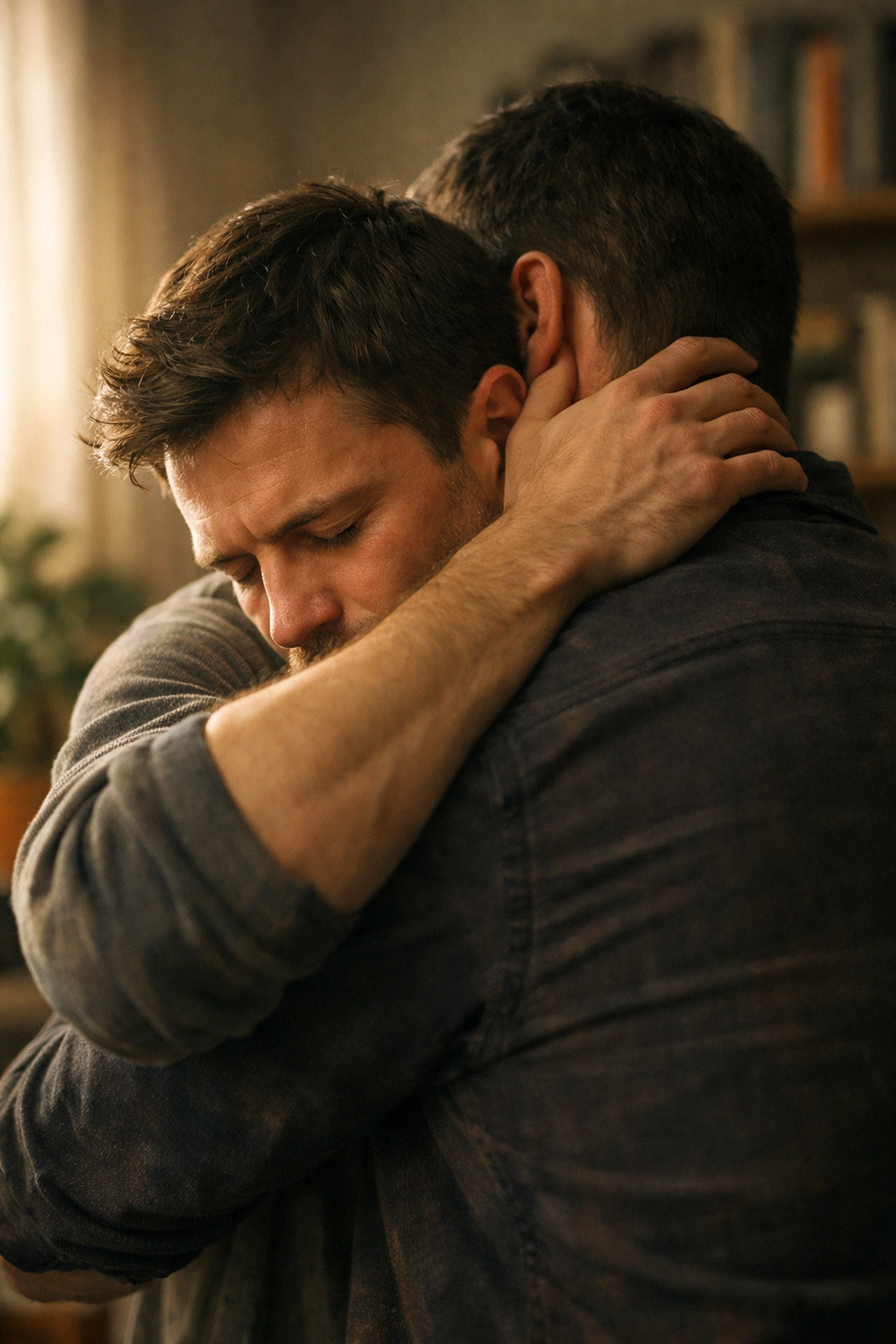 Two men in a supportive embrace, representing queer healing and finding emotional validation.