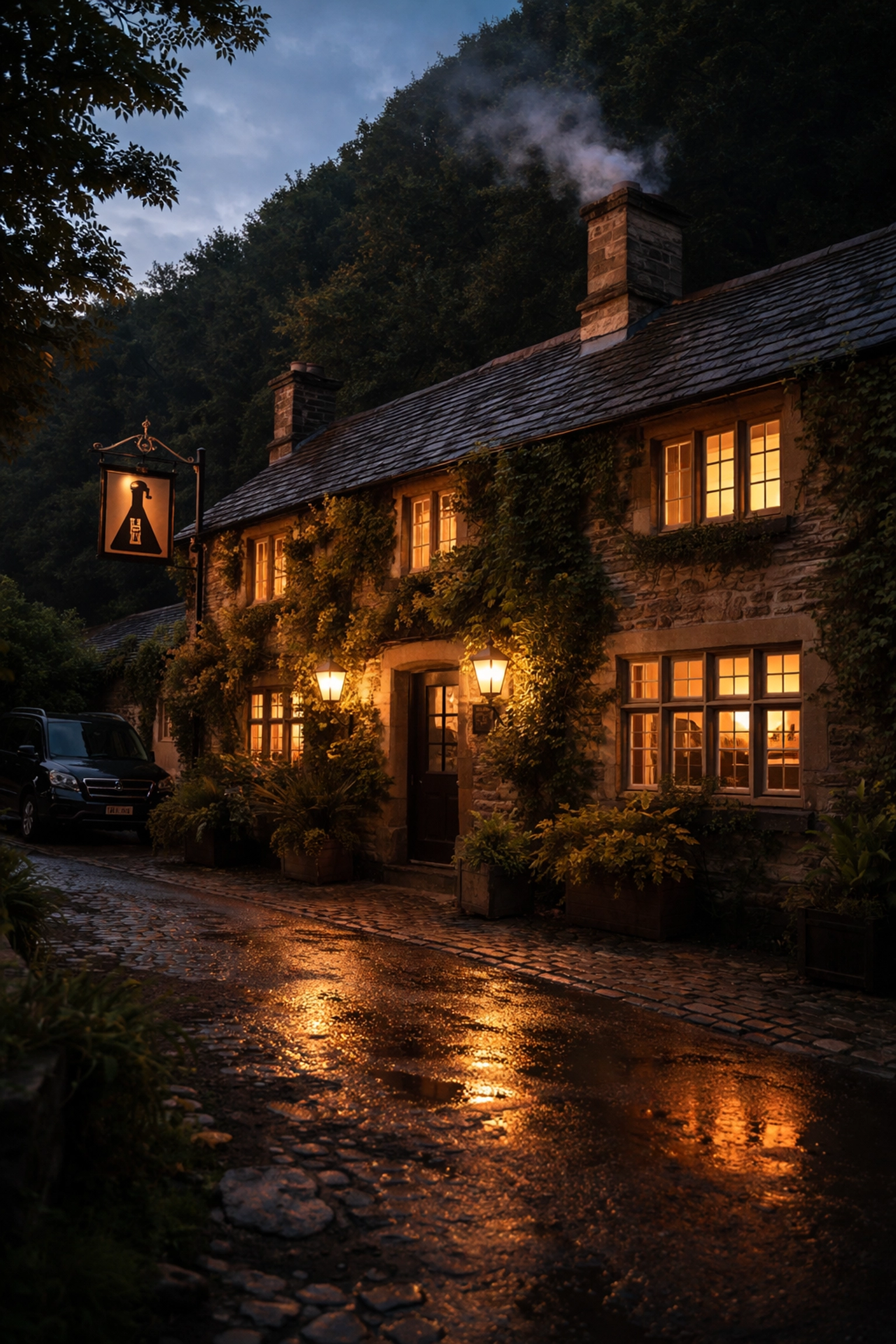 Traditional English pub glowing at dusk with private touring vehicle nearby, depicting hidden gems on custom tours.