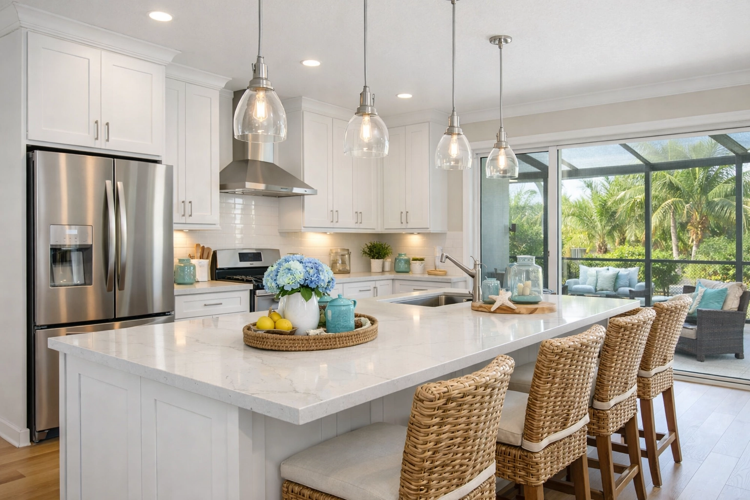 Modern kitchen remodeling Orlando featuring white cabinets and quartz countertops