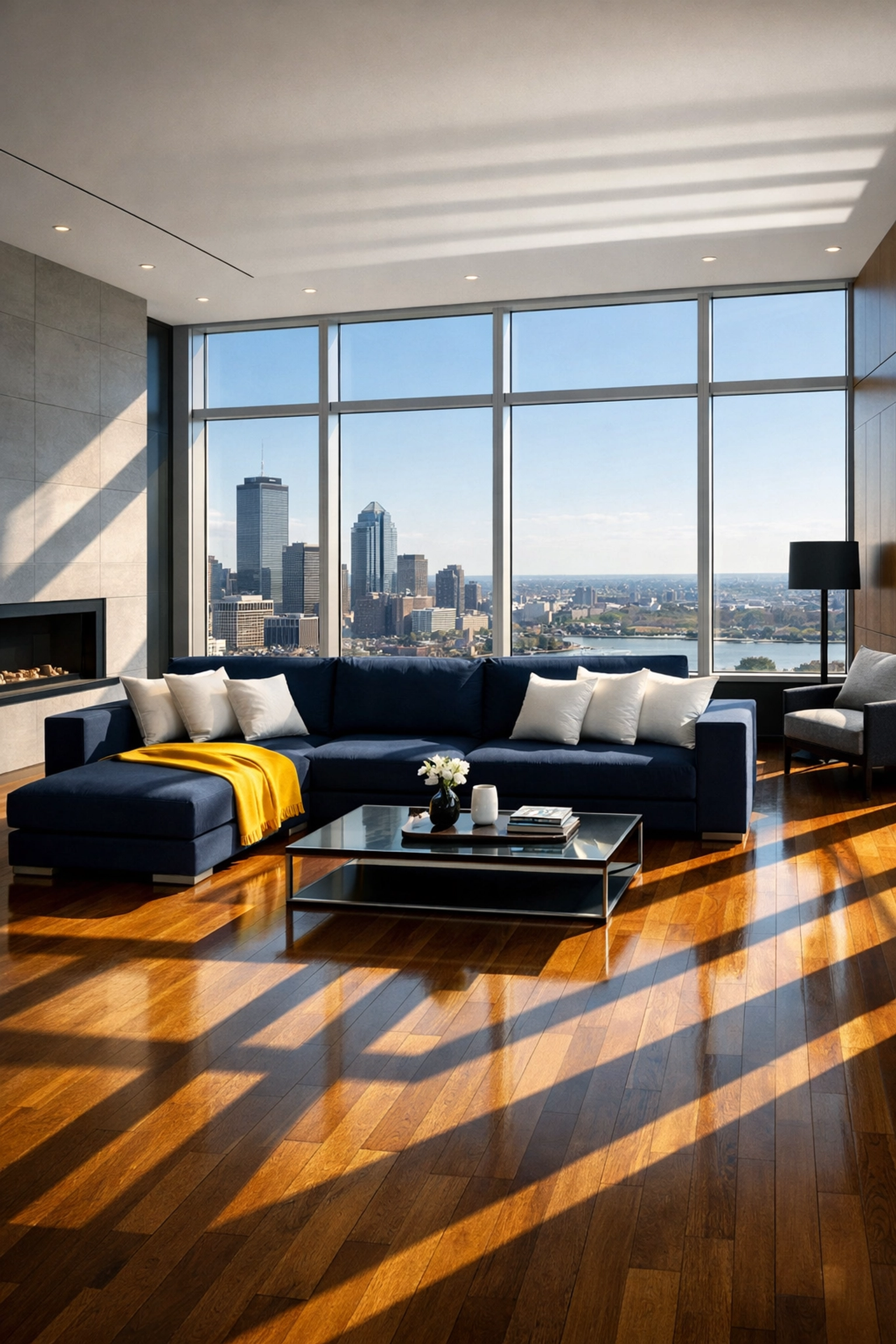 Modern living room after professional house cleaning showing the impact of restoring order and reducing visual clutter.