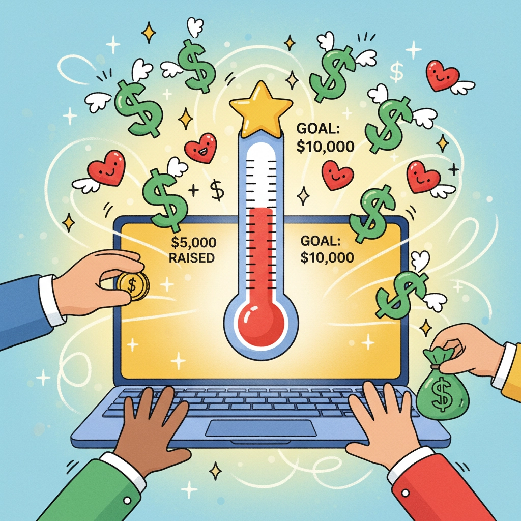 Cartoon image of hands donating money online, thermometer at $5,000 with goal at $10,000. Background has flying dollar signs and hearts.