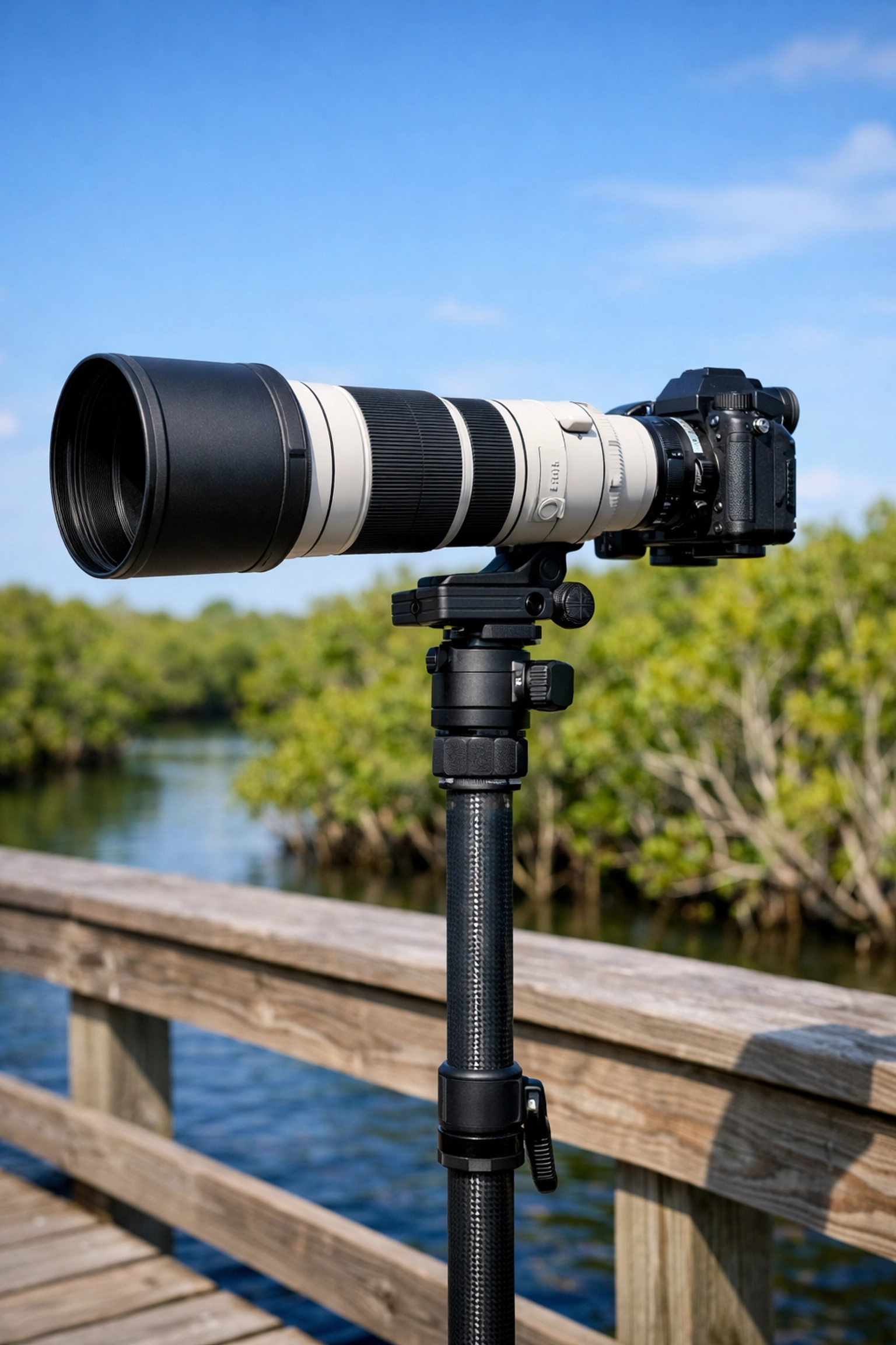 Professional camera with a 600mm telephoto lens and monopod, essential gear for Everglades wildlife photography.