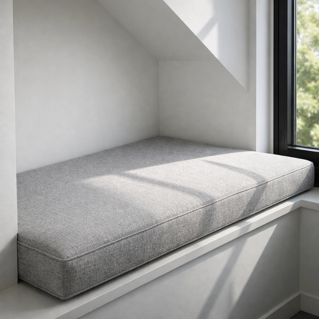 Custom grey window seat cushion professionally fitted in a modern Chattanooga home alcove.