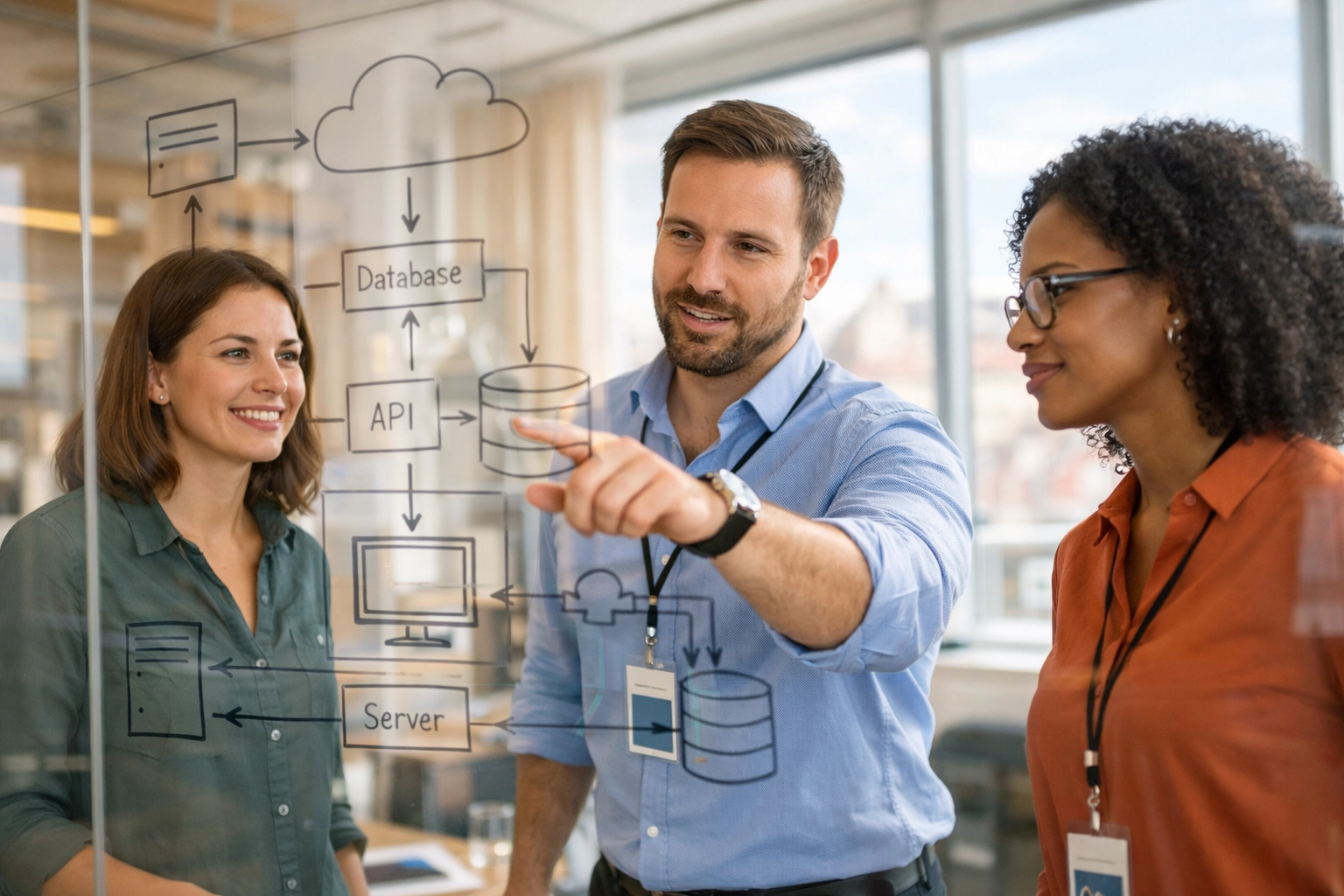 IT consultants planning ServiceNow architecture for DORA and GDPR compliance in a modern office.