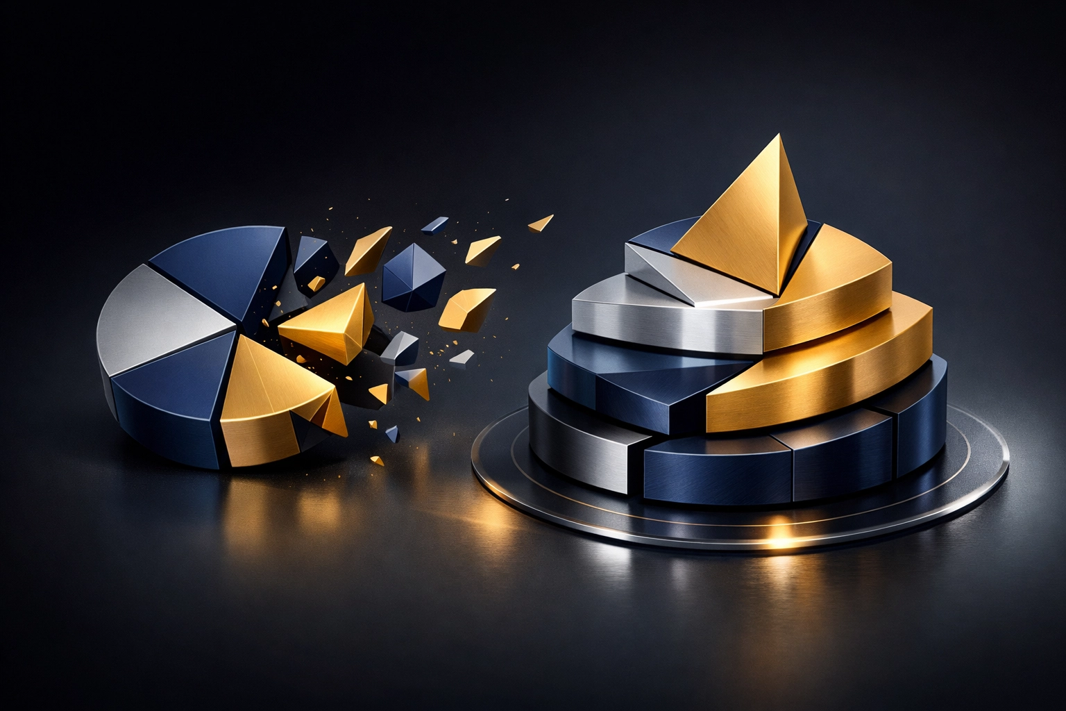 Traditional portfolio structure transforming into modern diversified asset allocation strategy